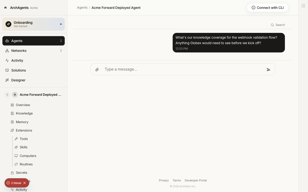 Direct chat with the agent showing a user message in the thread