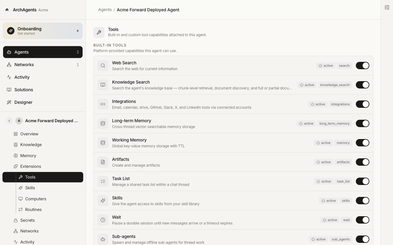 Agent Extensions tab listing built-in tools with per-tool toggles