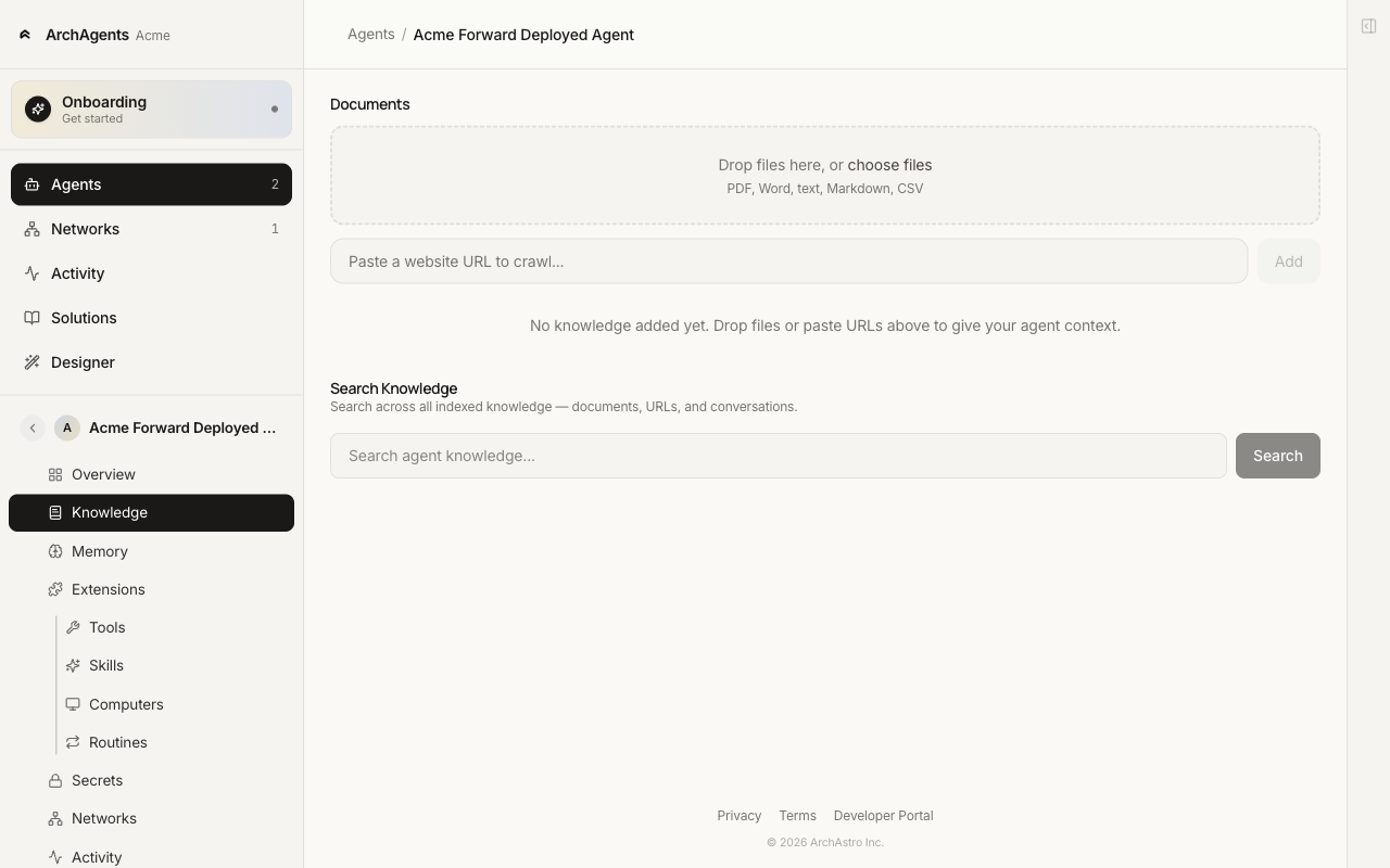 Agent Knowledge tab listing connected sources