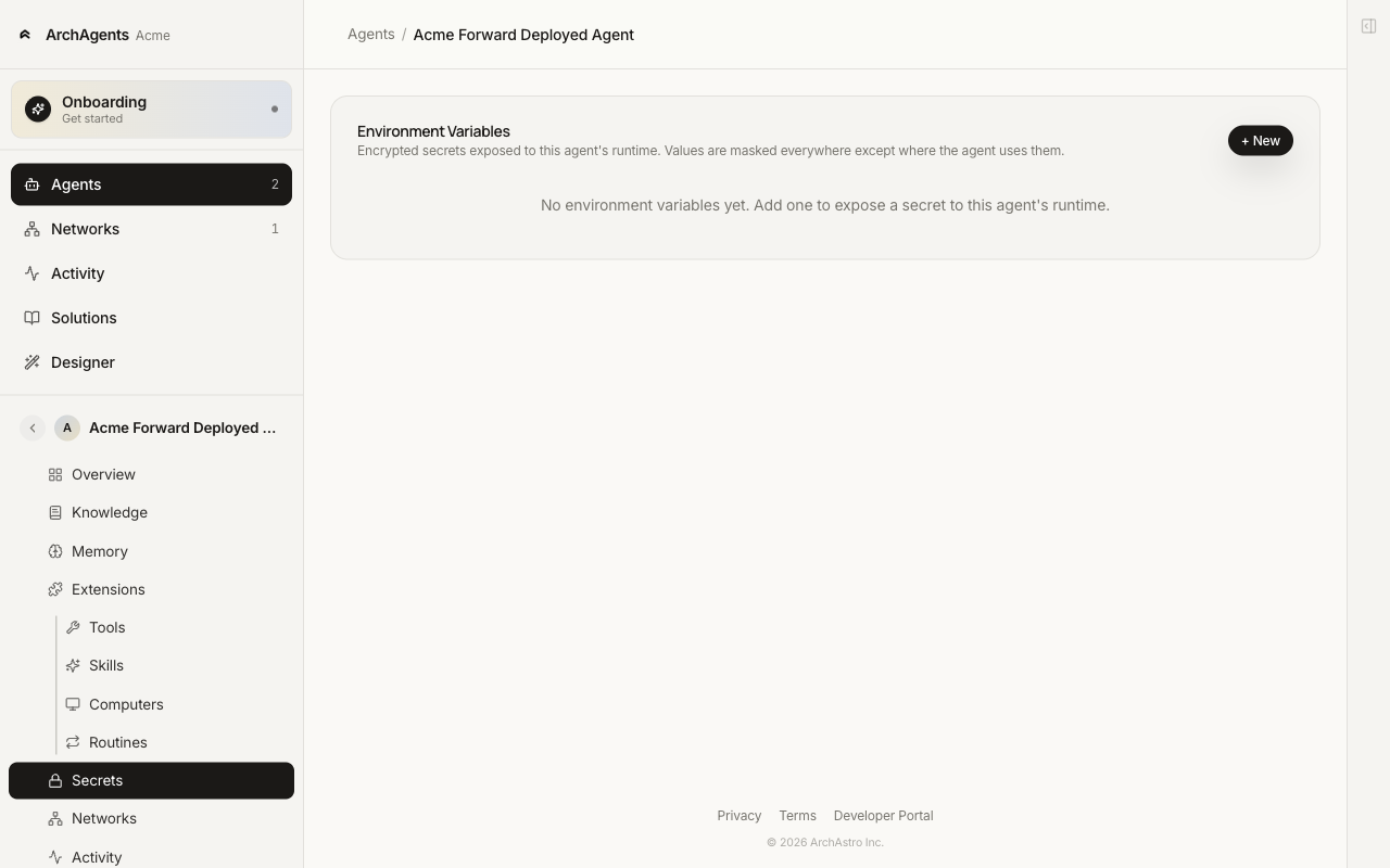 Agent Secrets tab listing environment variable keys with masked values