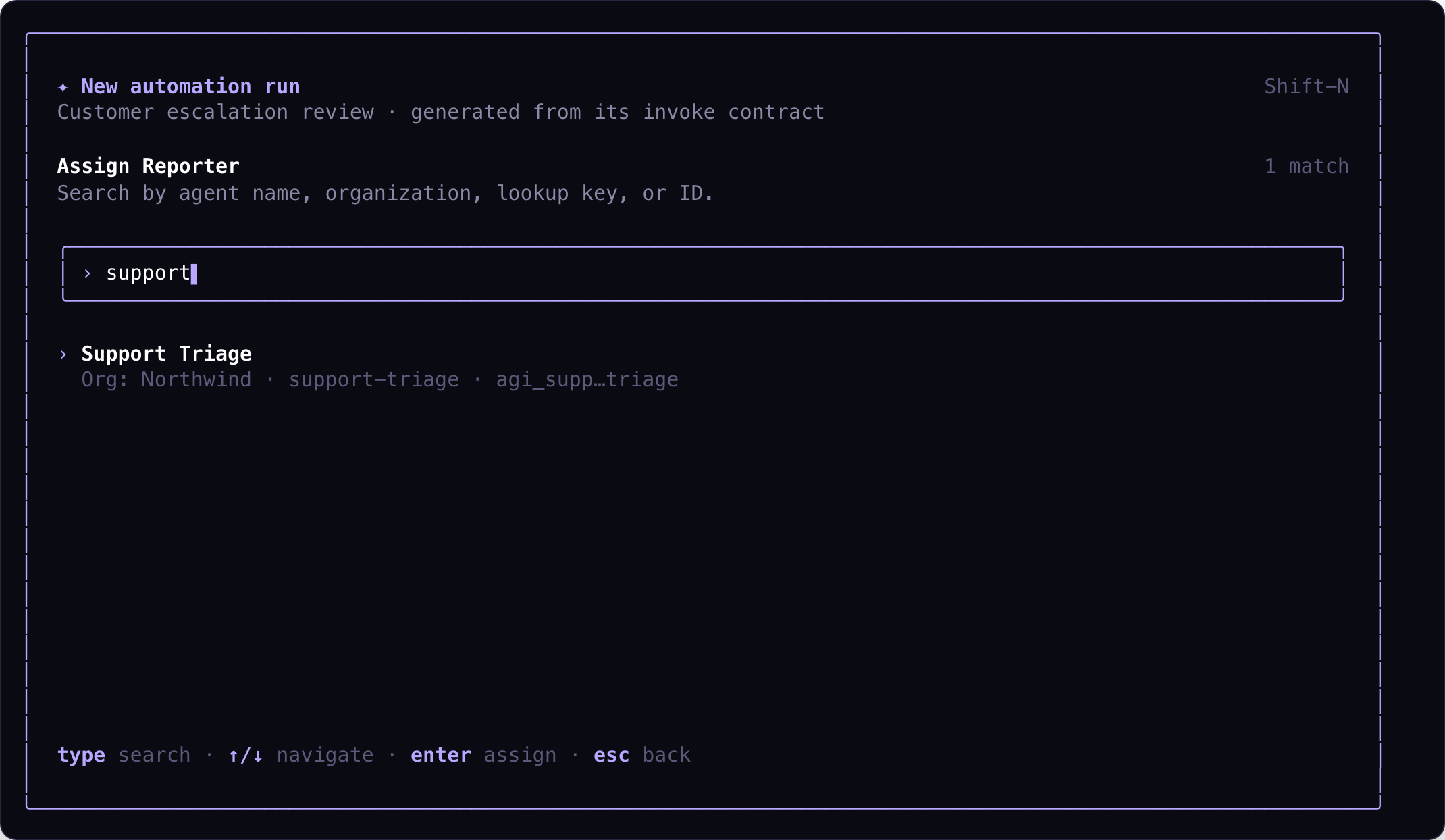 Astrorun participant picker assigning the Support Triage agent to the Reporter role