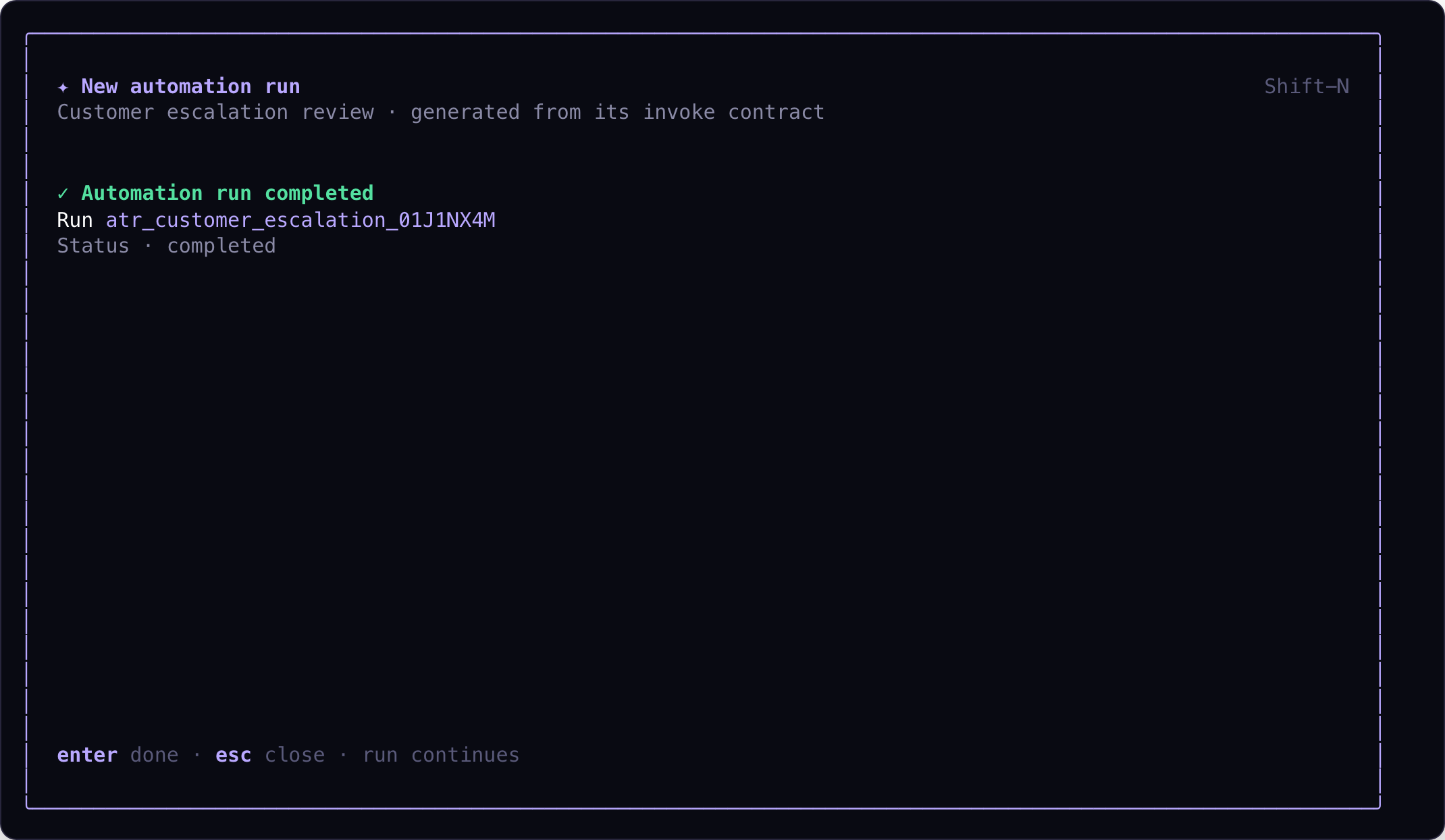 Astrorun confirmation showing a completed customer escalation automation run and its durable run ID