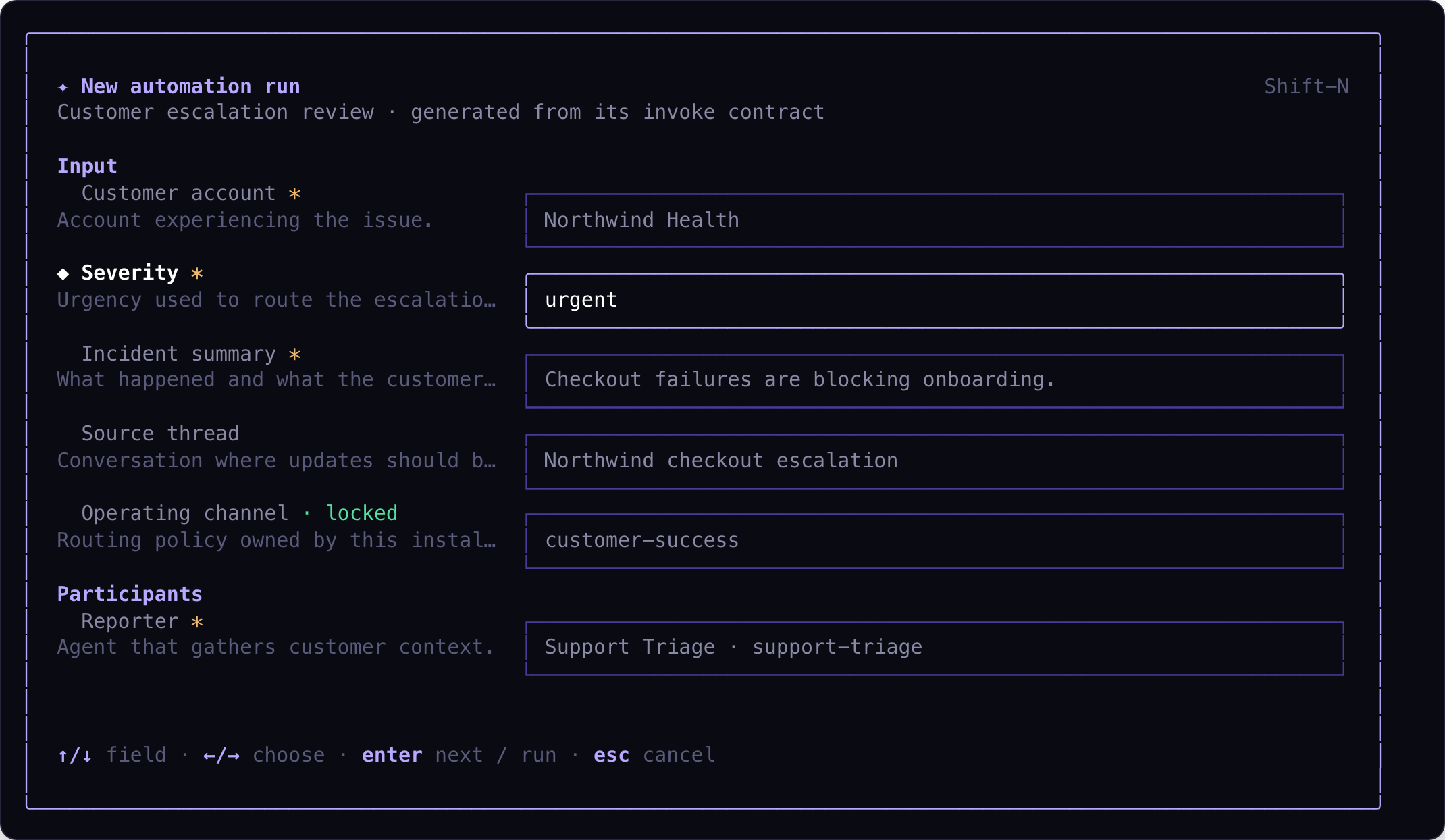 Astrorun automation form showing customer account, severity, incident summary, source thread, and a locked operating channel