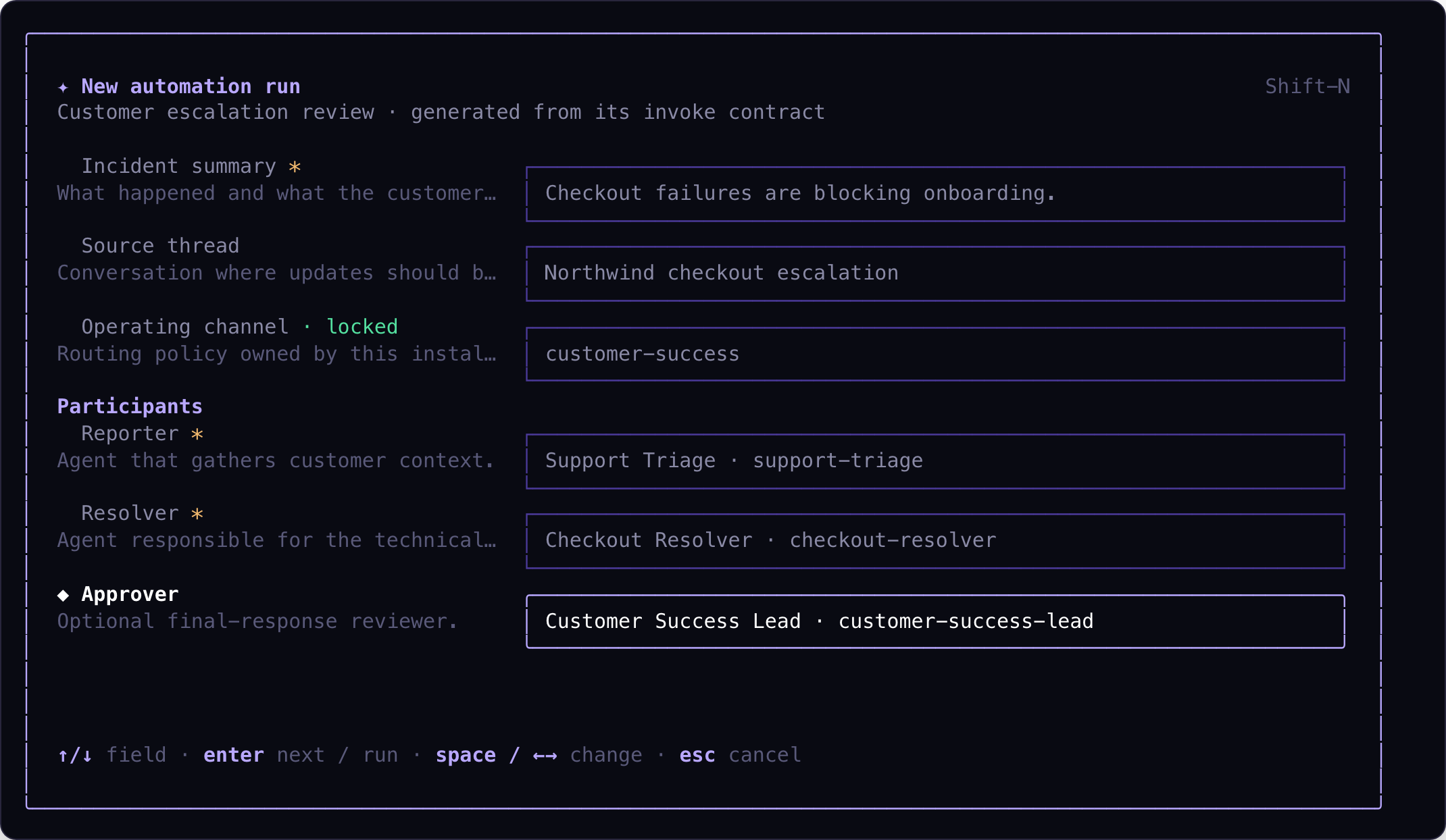 Astrorun automation form with reporter, resolver, and optional approver roles assigned and ready to run
