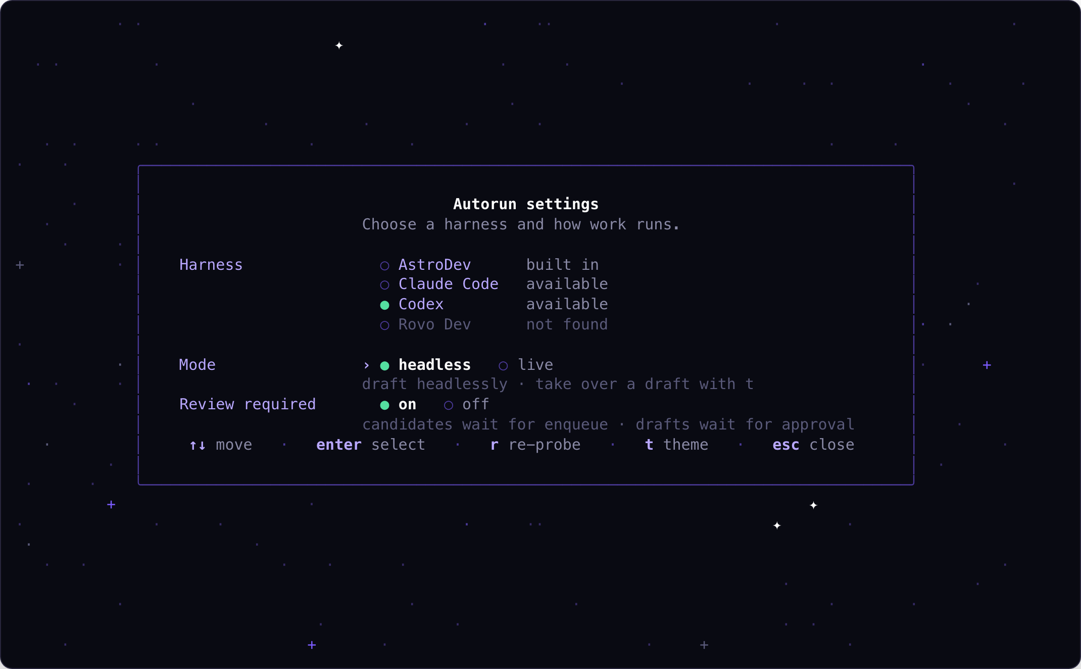 Astrorun settings showing available processors, headless and live modes, and the review-required toggle