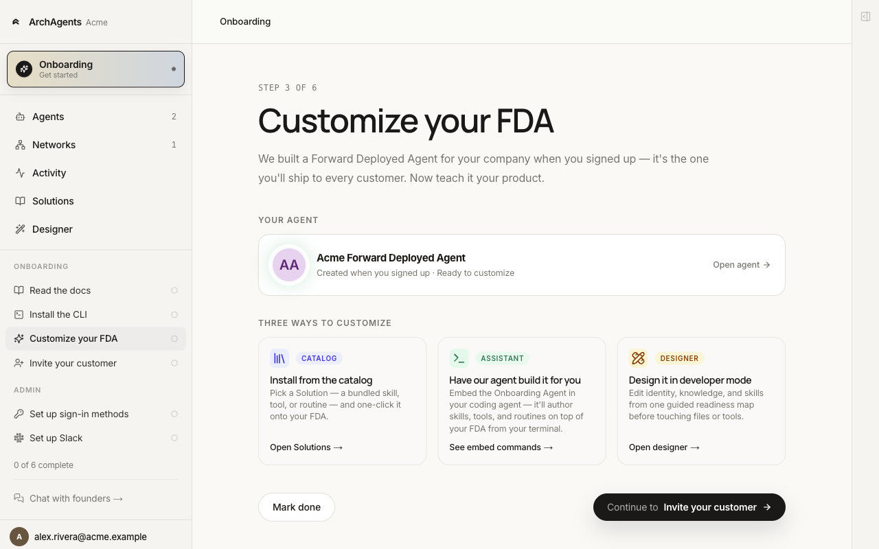 Onboarding Step 3: Customize your FDA. Three paths shown: Catalog, Assistant, Designer