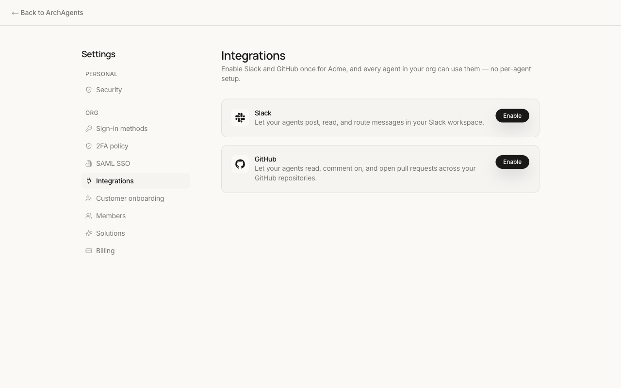 Organization integrations page with Slack available to enable